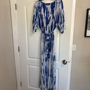 Lulu's Blue and White Tie-Dye V-Neck Maxi Dress